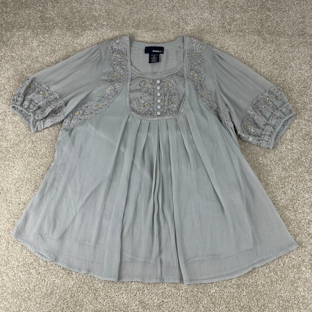 Denim 24/7 Womens 14W Grey Embroidered Sequin Chiffon Boho Peasant Blouse Top